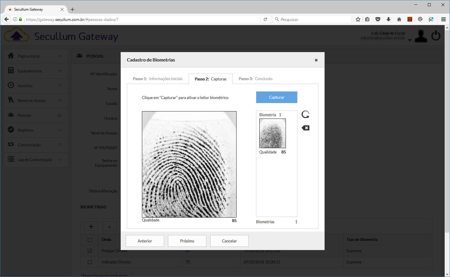 Tela de Cadastro de Biometrias